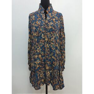 Z8  Natural Life Blue Paisley Flower Button Up Long Sleeve Dress